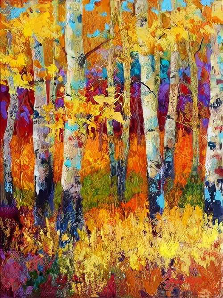 Textured Red Yellow Trees Autumn by Knife 06 Oil Paintings